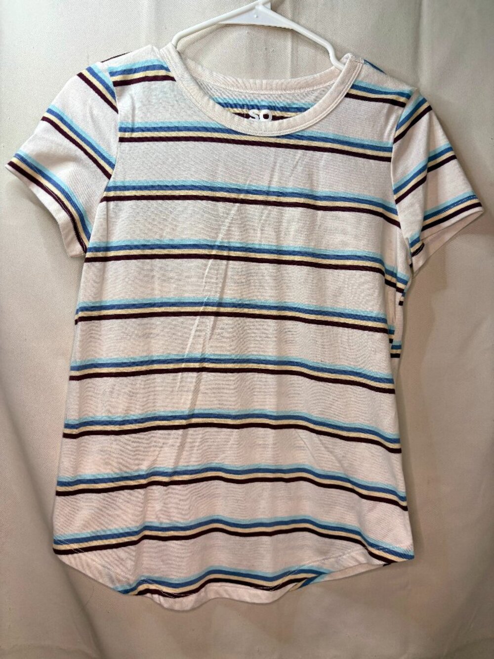Women's SO Size M - White/Blue Striped Short Sleeve Sheer Shirt Top